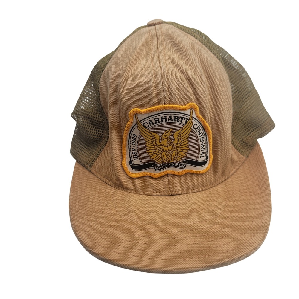 Vintage Carhartt Centennial 1889-1989 Trucker Hat Made in USA Tan Mesh Snapback